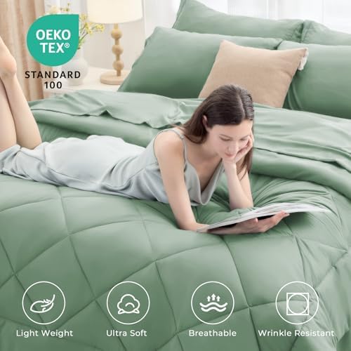 HEVUMYI 7-Piece King Comforter Set, Light Green Bed in a Bag