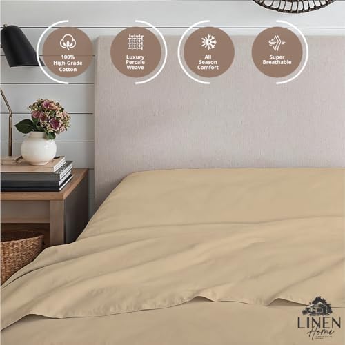 Linen Home 100% Cotton Percale Twin Size Fitted Sheet only, Light Taupe