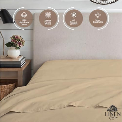 Linen Home 100% Cotton Percale Twin Size Fitted Sheet only, Light Taupe