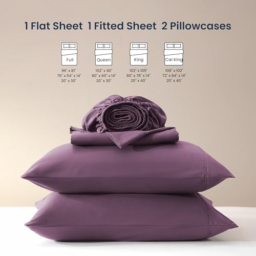 SLEEP ZONE Nanotex Super Soft Cooling King Bed Sheets Set 4 Piece - Easy Care Fitted Flat Sheet & Pillowcase Sets - Wrinkle Free, Fade Resistant, Deep Pocket 16" (Purple, King)