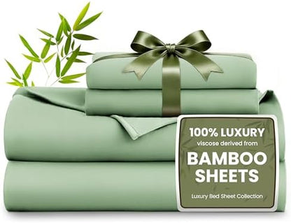 Love's cabin 4 Piece King Size Sheet Set, 100% Rayon Derived from Bamboo, Cooling & Breathable, Soft Silky Deep Pocket up to 16", Hotel Luxury Bedding for Hot Sleepers, Sage Green