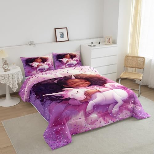 Black Cartoon Girl Comforter Set Twin Size,Cute Unicorn Castle Princess Bedding Set,Girls Women Room Decor,Girls African Glitter Sequins Down Comforter,Purple Romantic Duvet Insert,1 Pillowcase