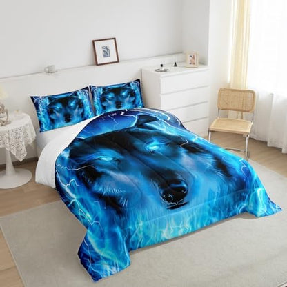 Feelyou Wolf Bedding Set Safari Animal Pattern Comforter Cool Wildlife Style Comforter Set for Boys Girls Kids Room Decor Glitter Blue Wild Wolf Lightweight Duvet Set Full Size with 2 Pillow Case