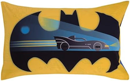 Warner Brothers Batman The Caped Crusader Blue, Gray, and Yellow Bat-Signal and Batmobile 2 Piece Toddler Sheet Set - Fitted Bottom Sheet and Reversible Pillowcase