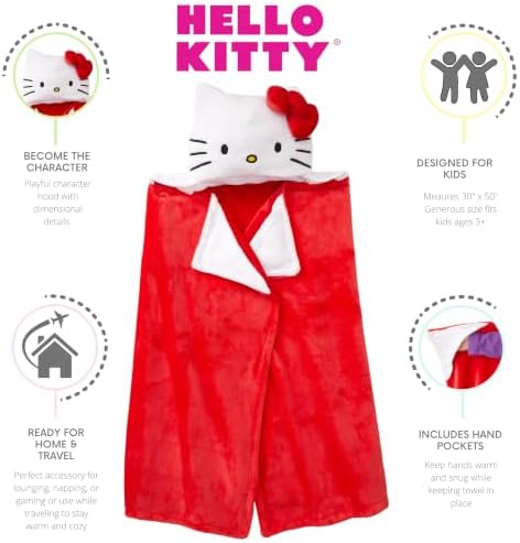 Franco Sanrio Hello Kitty Red Bow Plush Hooded Throw, Kids Bedding Super Soft Blanket, 30 in x 50 in, (Officially Licensed Product)