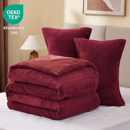 ChiXpace Fleece Full Size Comforter Set Burgundy, Fluffy Bed Set 3 Pieces