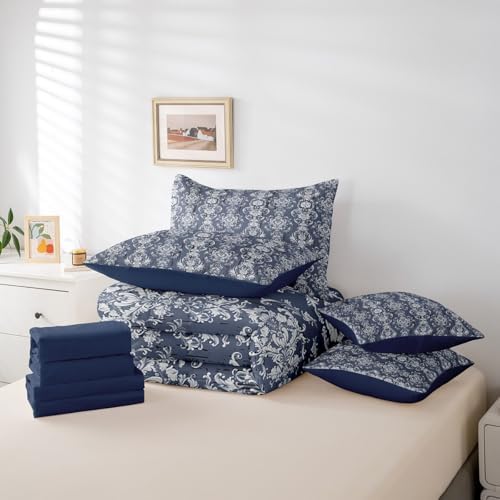 Erosebridal Damask Twin Comforter Set 7 Piece for Adults Women Men Gothic European Floral Bed in A Bag with Sheets Boho Baroque Style Flower Bedding Set Vintage Bohemia Bed Set Blue