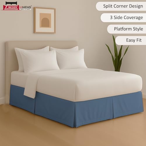 eBeddy Linens Split Corner Bed Skirt Queen 16 Inch Drop – 100% Microfiber, – Platform Style, Lake Blue Solid, 3-Sided Pleated, Tailored Fit, Hidden Storage, Hotel Luxury, Washable