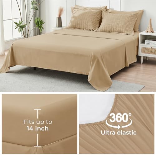 HYMOKEGE Khaki Oversized Queen Comforter Set Seersucker 7 Pieces, All Season Luxury Bed in a Bag for Bedroom, Bedding Set with Comforter, Sheets, Pillowcases & Shams