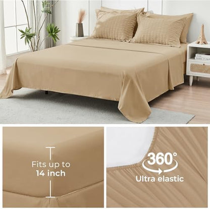 HYMOKEGE Khaki Oversized Queen Comforter Set Seersucker 7 Pieces, All Season Luxury Bed in a Bag for Bedroom, Bedding Set with Comforter, Sheets, Pillowcases & Shams