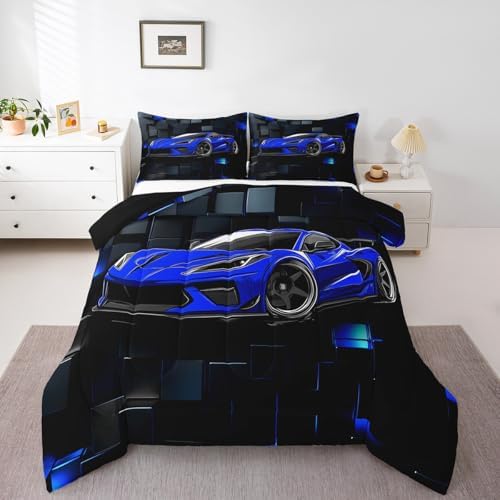 Erosebridal Race Car King Comforter Set for Boys Blue Sports Car Kids Bedding Set Cool Speed Race Car Down Comforter Extreme Sports Racing Competition Quilt 3D Geometric Duvet Insert