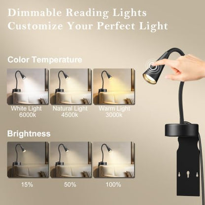 Headboard Reading Light, Black Bedside Lamp, No-Drill Book Light for Bedtime Reading, Dimmable LED, Flexible Gooseneck, 360°Adjustable, Plug-in Reading Lamp Movable-2 Pack