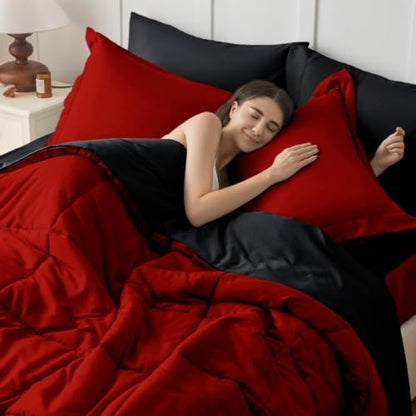 JOLLYVOGUE Twin Comforter Set, Ultra-Soft Bed in a Bag Twin Size 5 Pieces, Oeko-TEX Certified Bedding Set with Down Alternative Comforter, Sheets, Pillowcases & Shams, Red & Black
