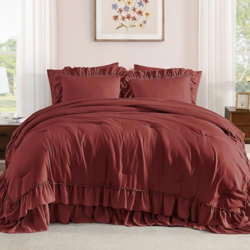 Queen Comforter Set Syrah Red Ruffle 7 Pieces Farmhouse Bed in a Bag