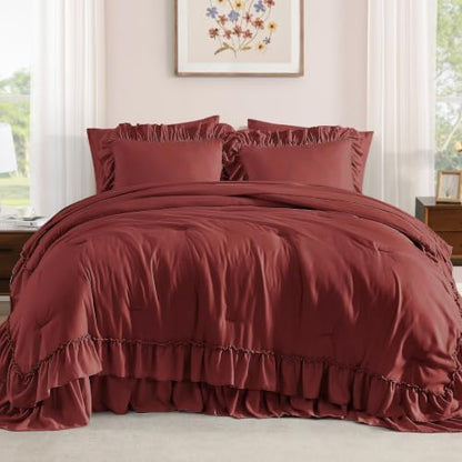 King Size Comforter Set Syrah Red Ruffle 7 Pieces Farmhouse Bed in a Bag