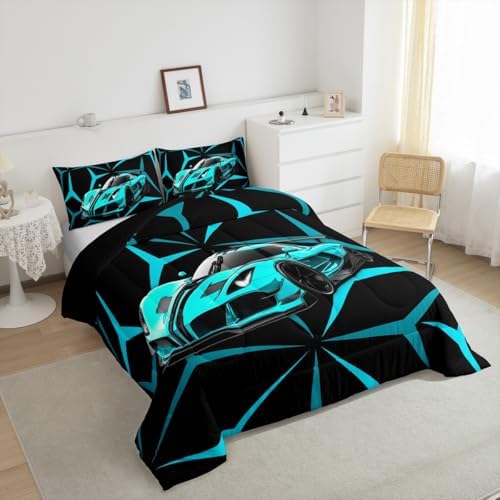 Castle Fairy Teal Speed Race Car Comforter Set Full Size,Extreme Sport Theme Abstract Geometric Lines Duvet Sets for Kids Teens Adults Bedroom Decor,Racing Car Microfiber Soft Bedding Comforter,3 Pcs
