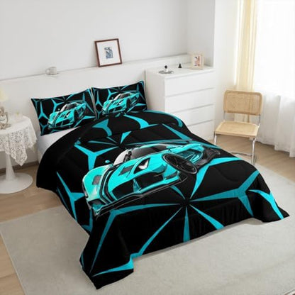 Castle Fairy Teal Speed Race Car Comforter Set Full Size,Extreme Sport Theme Abstract Geometric Lines Duvet Sets for Kids Teens Adults Bedroom Decor,Racing Car Microfiber Soft Bedding Comforter,3 Pcs
