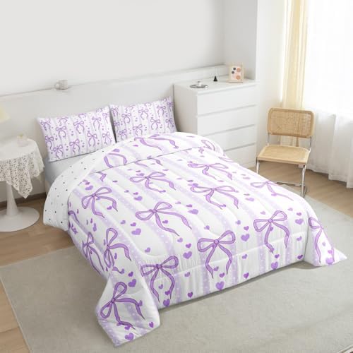 Castle Fairy Purple Bowknot Kids Comforter Set,Dreamy Princess Style Bedding Set All Season,Girls Teens Bedroom Decor,Sweet Heart Print Purple Ribbon Comforter Toddler Size,1 Pillowcase