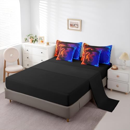 Erosebridal Dragon 7 Piece Bedding Set Queen Nebula Comforter Set with Sheets Mysterious Outer Space Bed in A Bag Red Blue Ombre Bed Sets with 2 Pillowcases, 2 Throw Pillow Covers