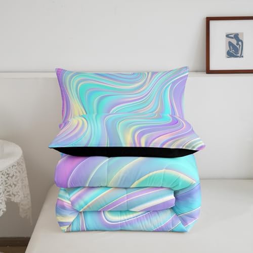 Pastel Rainbow Comforter Set with Pillowcases Abstract Wave Stripes 3D Printed Designs 3 Piece Bedroom Duvet Set Psychedelic Girl Bed Down Comforter for Kids Women Dorm Room (King,Coulourful Marble)