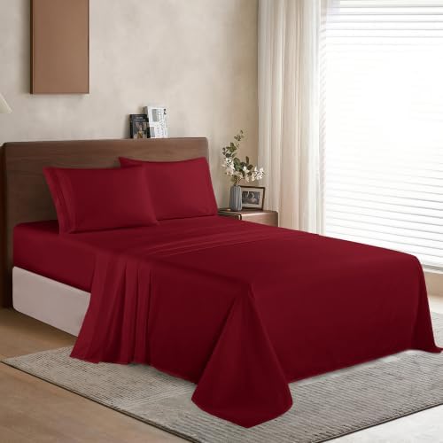 Elegant Comfort Luxury 1500 Premium Hotel Quality Microfiber 4-Piece Sheet Set - Wrinkle Resistant, All Around Elastic Fitted Sheet, Deep Pocket up to 16", Twin/Twin XL, Burgundy