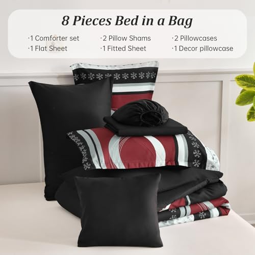 Anibedding Burgundy Comforter Set King Size,8 Pieces Boho Bed in a Bag