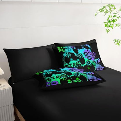 7pcs Gamer Comforter Set Green Gamepad Printed Bedding Set with 1 Comforter, 1 Flat Sheet, 1 Fitted Sheet and 4 Pillowcases for Boys and Girls Bedroom (Gamepad-2 Queen