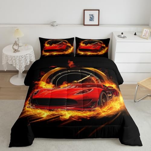 Erosebridal Red Race Car King Comforter Set for Boys Girls,Kids Sports Car Bedding Set Race Car Decor for Toddler Boys Room,Cool Cars Comforter Set Breathable Racing Car Quilt Bed Set 3Pcs