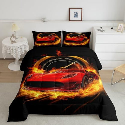 Erosebridal Red Race Car King Comforter Set for Boys Girls,Kids Sports Car Bedding Set Race Car Decor for Toddler Boys Room,Cool Cars Comforter Set Breathable Racing Car Quilt Bed Set 3Pcs
