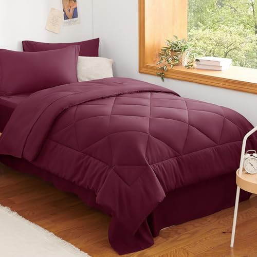 CozyLux Twin XL Comforter Set 68"x88" Burgundy - 5 Piece Bed in a Bag