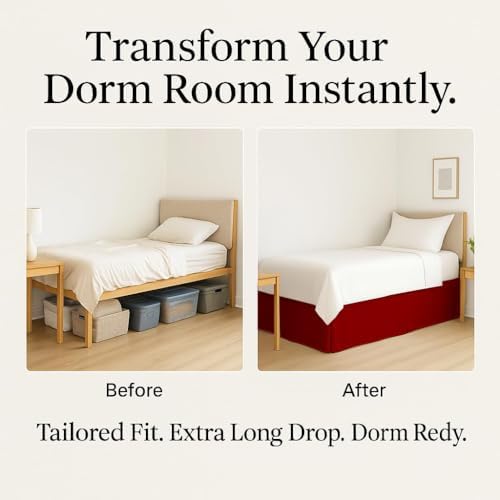 eBeddy Linens Split Corner Dorm Bed Skirt Twin XL – 34 Inch Drop, 100% Microfiber, Extra Long Bed Skirt for College Dorm, Platform Style, Burgundy Solid, Hidden Storage Solution, Easy Fit