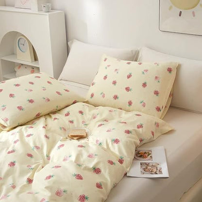 LifeTB Cute Strawberry Duvet Cover Twin Kids Girls Strawberry Bedding Set Kawaii Kids Duvet Cover Soft 100% Cotton Fruit Bedding Cover Boy Teen Cute Comforter Cover with 2 Pillowcases, Cream White