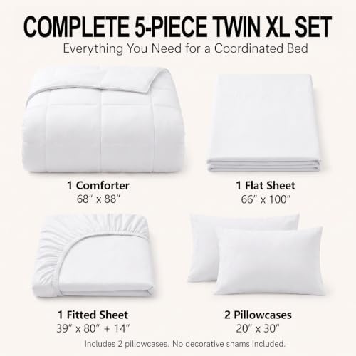 CozyLux Twin XL Comforter Set White - 5 Pieces Twin XL Bed in a Bag
