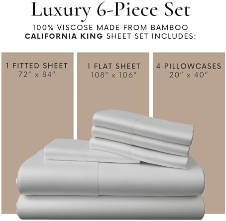 Bamboo Bay 6 Piece California King Size Sheet Set, 100% Viscose Made from Bamboo, Breathable, Ultra Soft Cooling Bed Sheets for Hot Sleepers, Beddings with Deep Pockets Fit 16" Mattress, Light Grey