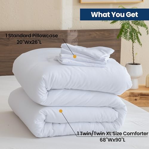 Paxrac White Comforter Twin/Twin XL Size, 2 Pieces Extra Long Comforter Set for Dorm, Lightweight Solid Bedding Set, All Seasons Soft Breathable Twin Comforter Set (68x90In Comforter & 1 Pillowcase)