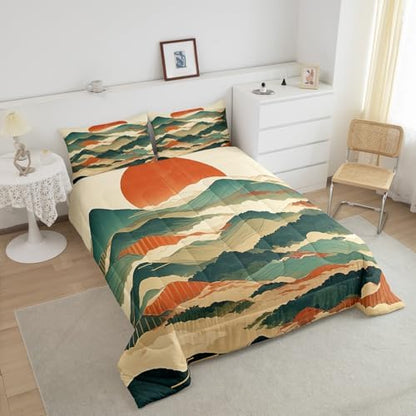 Japanese Style Comforter Set King Size,Abstract Mountain Bedding Set for Kids Boys Girls Room Decor,Sun Foggy Mountain Woodland Duvet Insert 3Pcs,Modern Comic Microfiber Quilt Set,2 Pillowcases
