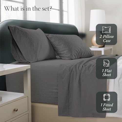 Threadmill Queen Bed Linen Set, 400 Thread Count Egyptian Cotton, Deep Pocket, Cooling Damask Jacquard, Dark Grey, 4 Piece Set