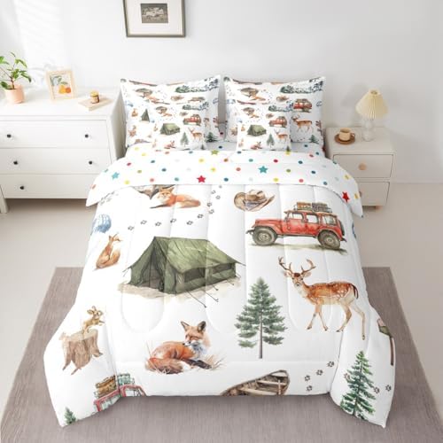Erosebridal Wild Animal 7 Piece Comforter Set Twin Happy Camping Bed in A Bag Fox Deer Wildlife Woodland Animals Bedding Sets for Boys Girls Camper Car Western Cowboy Sheet Set with Comforter