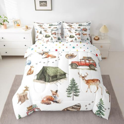 Erosebridal Wild Animal 7 Piece Comforter Set Twin Happy Camping Bed in A Bag Fox Deer Wildlife Woodland Animals Bedding Sets for Boys Girls Camper Car Western Cowboy Sheet Set with Comforter