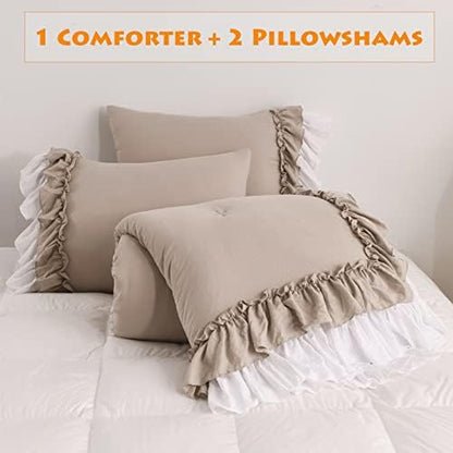 Masaca Ruffled Comforter King Size,Farmhouse Rustic Bedding Shabby Boho Chic Taupe and White Bedding Vintage Aesthetic Lightweight Fluffy Comforter Set 3 Pieces