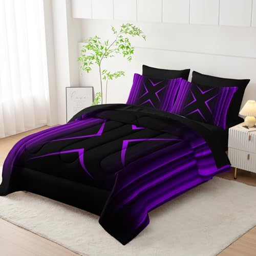 Nttopship Purple and Black Geometric Comforter Set Queen Size 7Pieces,3D Abstract Mordern Printed Bedding Set for Adults,Geometric Mordern Decor All Seasons with Pillowcases,Flat, Fitted Sheet