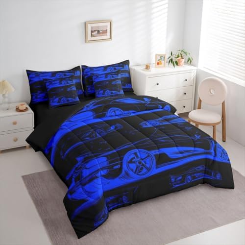 Feelyou Blue Race Car Comforter Set Twin Size 7 Pieces Speed Sports Car Bedding Set for Kids Boys Girls Extreme Sports Bed in a Bag with Comforter, Sheets, Pillowcases, Cushion Covers Quilted