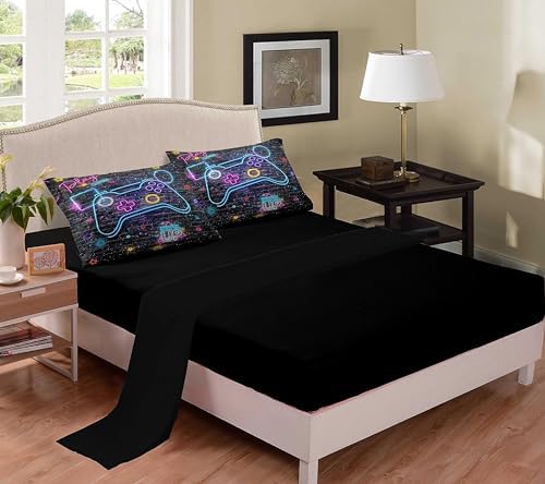 NINENINE Gaming Bedding Sets for Boys 5PCS Full Size Gaming Comforter Bed in A Bag Kids Teens Gaming Comforter Sets (1Comforter, 1Flat Sheet, 1Fitted Sheet, 2Pillowcases)
