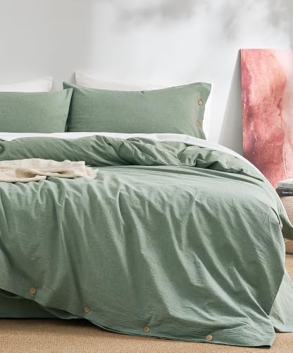JELLYMONI 100% Washed Cotton Green Duvet Cover Queen, Linen-Like