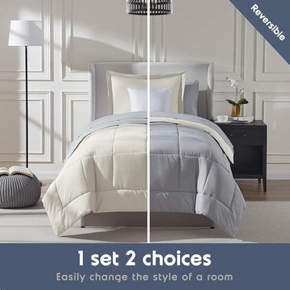 Nestl 7 Piece Twin XL Comforter Set – Off White Reversible Bed in a Bag – Complete Twin XL Size Bedding Set with Sheets, Set of 2 Down Alternative Pillows, Pillowcase and Sham