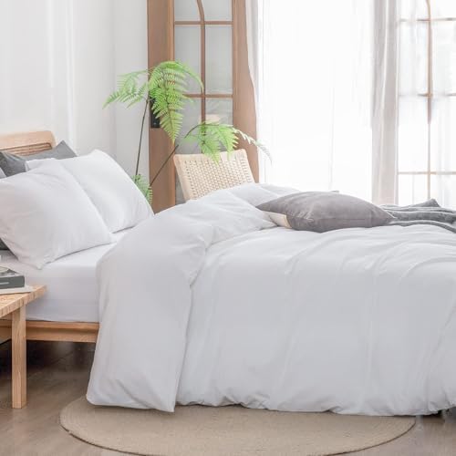 BESTOUCH Cotton Solid Duvet Cover Set Linen Feel Bright White Alaska King