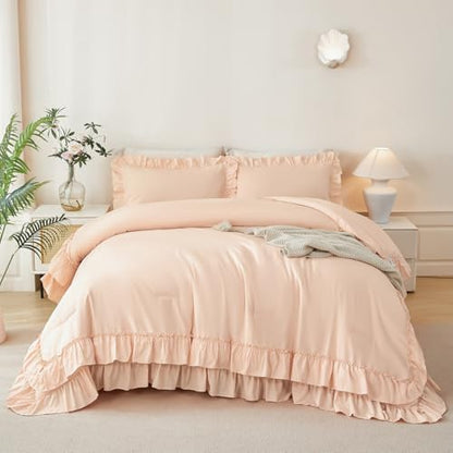 ANGIYUIN 5Pcs Pink Girls Twin Comforter Set Ruffle Bed in A Bag with Sheets