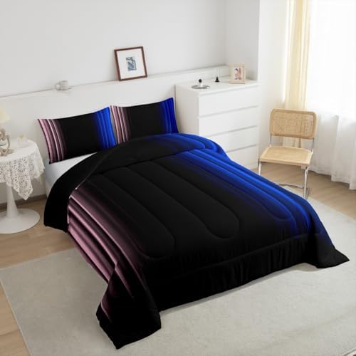 Feelyou Teens Abstract Ombre Decorations Bedding Set for Kids Women Pink Blue and Black Comforter Set Geometric Modern Quilt Set Room 3Pcs Queen Size