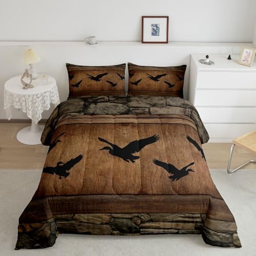 Manfei Cute Mallard Comforter Set Twin Size,Rustic Farmhouse Brown Wooden Bedding Set 2pcs,Fishing and Hunting Down Comforter for All Season,Kids Boys Girls Room Decor,1 Pillowcase,No Sheets