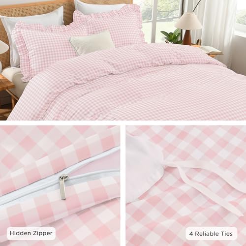 Andency Pink Gingham Duvet Cover King, Ruffle Shabby Chic Bedding Set 3 Pcs